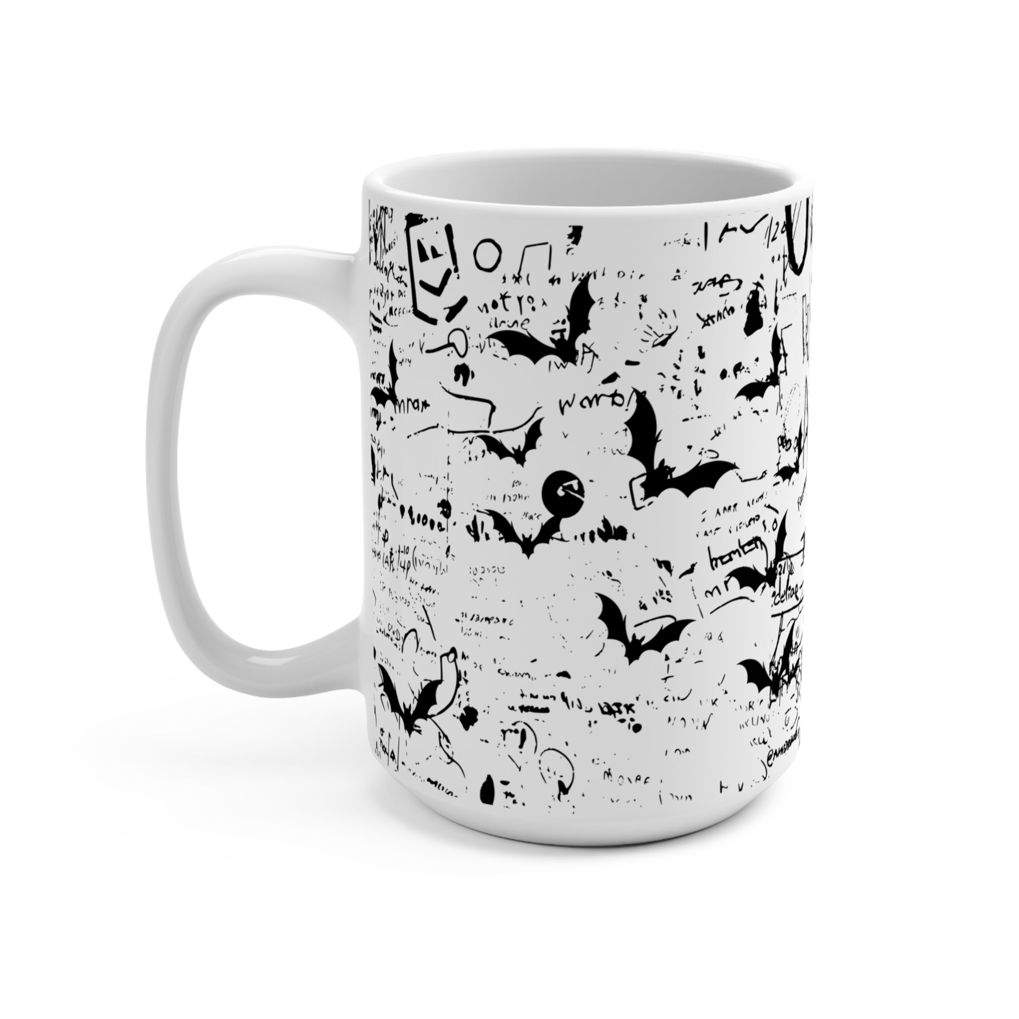 15oz Sketch Doodle Mug — Black Bat & Handwritten Notes Pattern