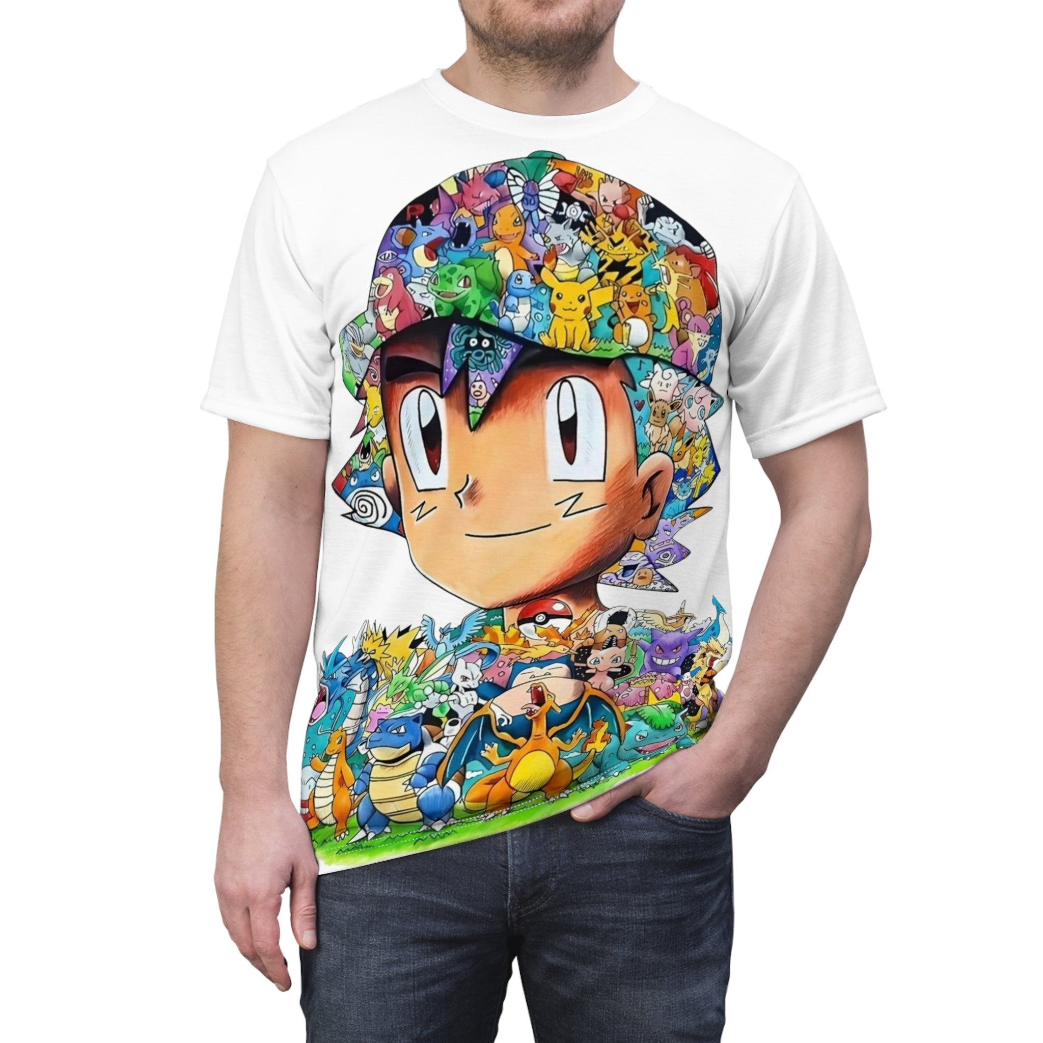 All-Over Anime Trainer Tee — Colorful Collage Design
