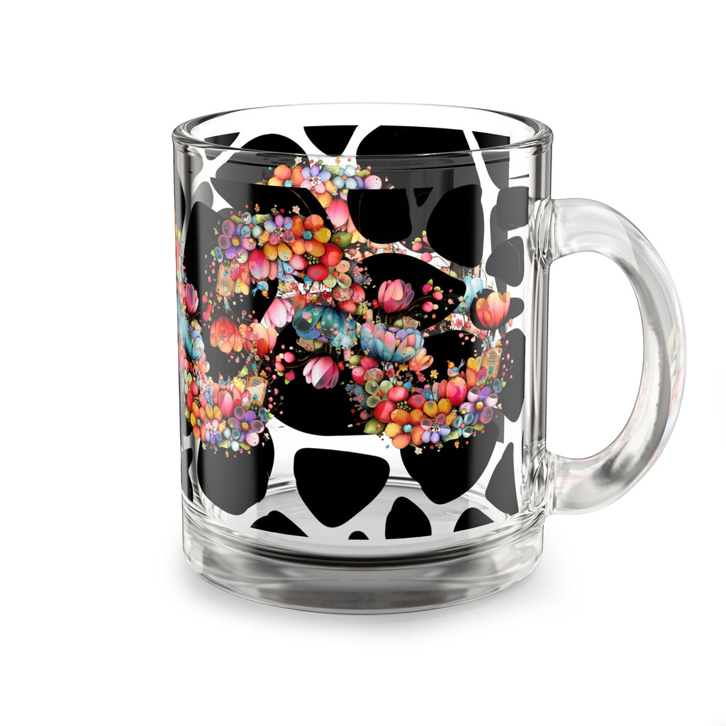 10oz Glass Mug — Colorful Floral Skull on Cow Print
