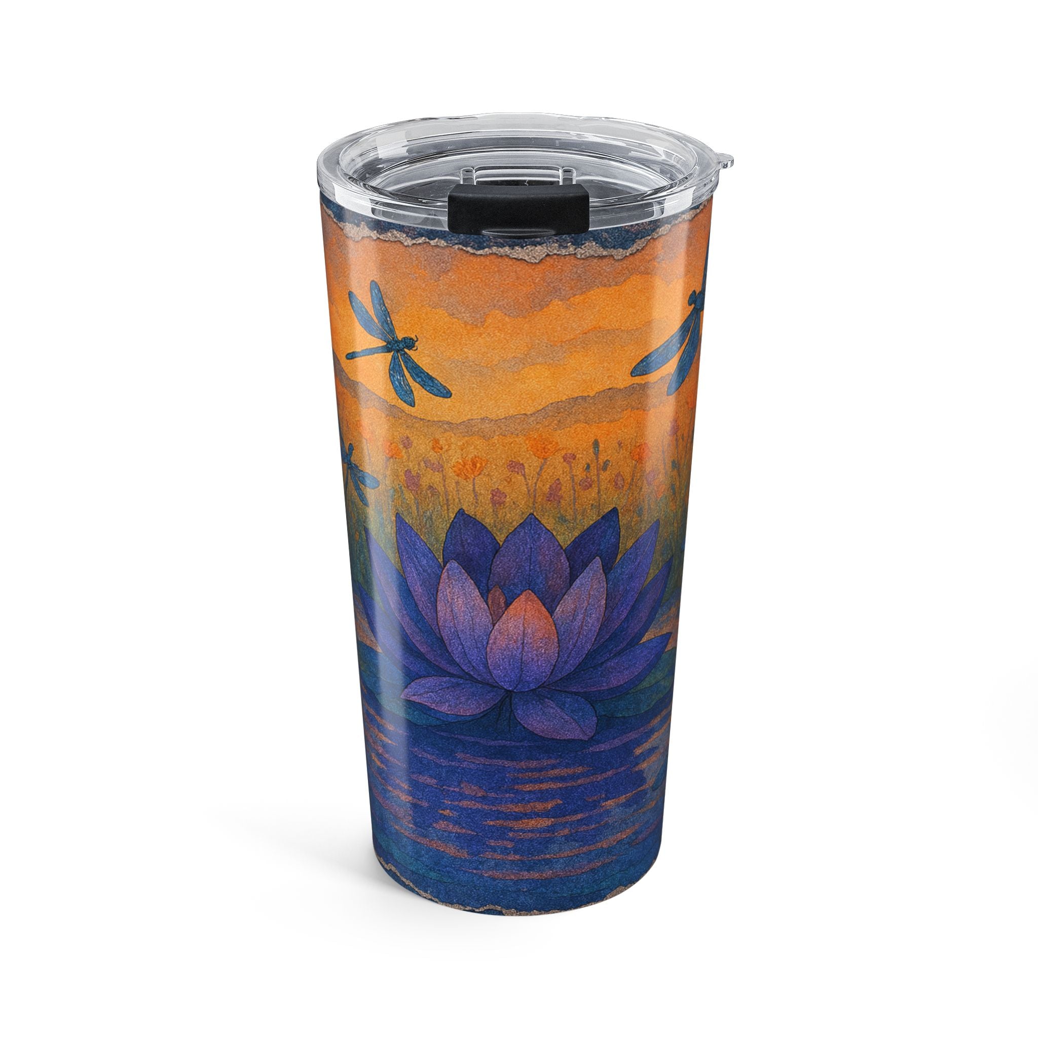 20oz Lotus & Dragonfly Tumbler — Sunset Floral Insulated Travel Cup