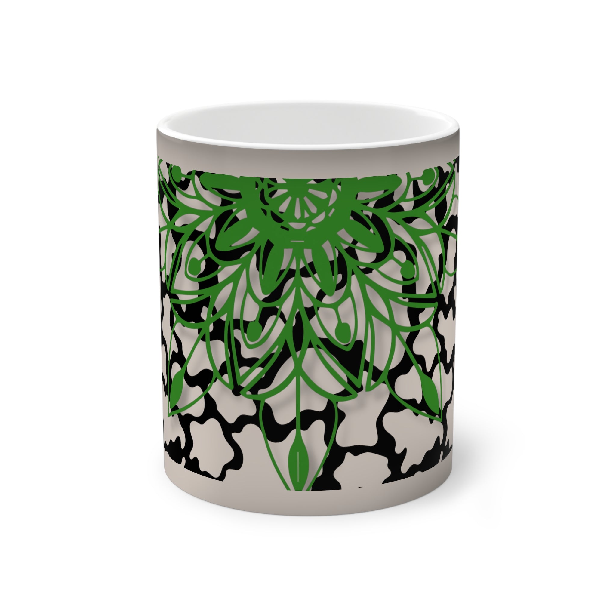 Color-Changing Ceramic Mug — Green Floral Mandala Heat Reveal, 11oz