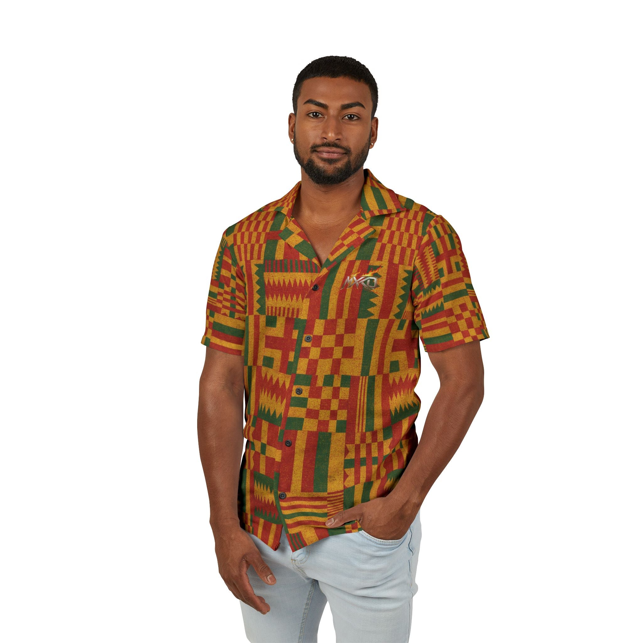 Kente Print Hawaiian Camp Shirt — African-Inspired Summer Button-Up for Men