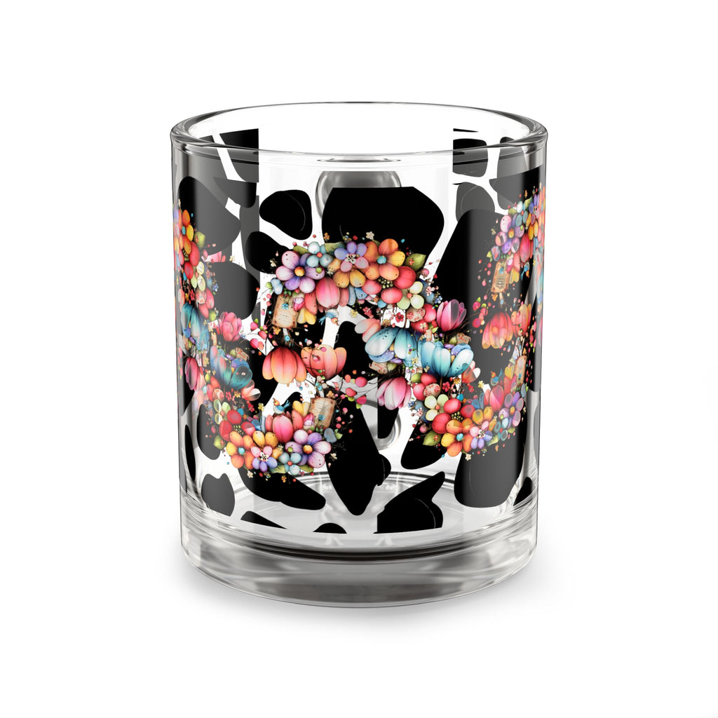 10oz Glass Mug — Colorful Floral Skull on Cow Print