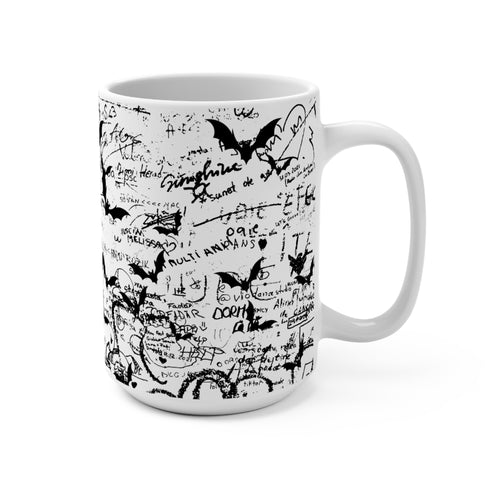 15oz Sketch Doodle Mug — Black Bat & Handwritten Notes Pattern