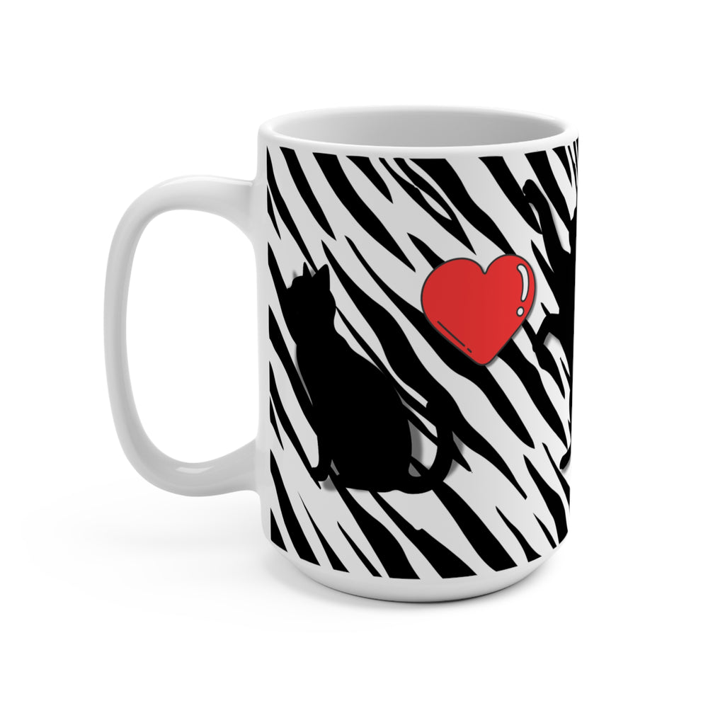 Cat Silhouette 15oz Mug — Zebra Print with Red Hearts, Cute Cat Lover Coffee Cup