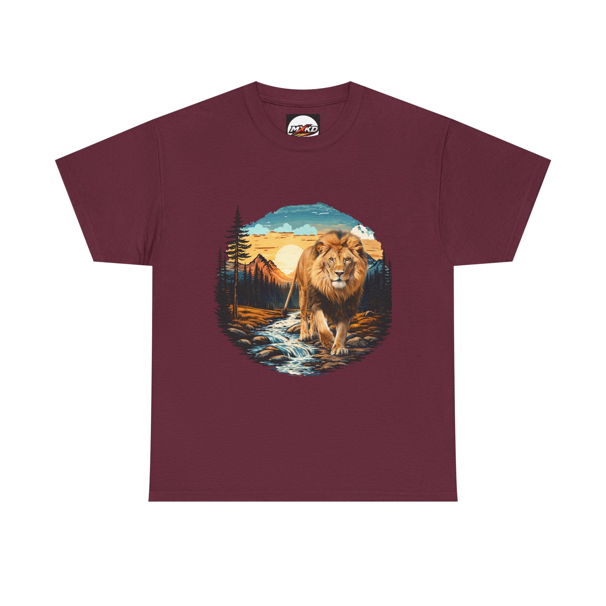 Lion in Wilderness Graphic Tee — Vintage Mountain Sunset T-Shirt