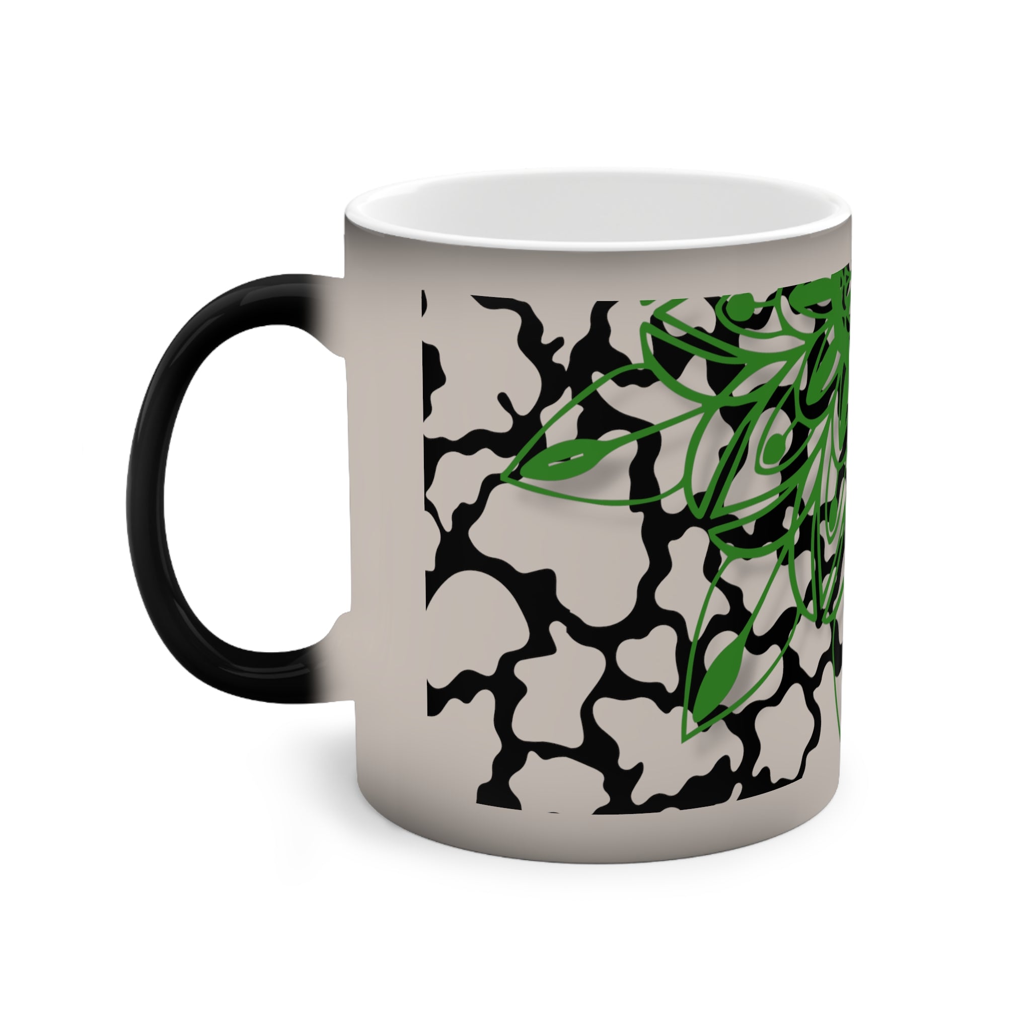 Color-Changing Ceramic Mug — Green Floral Mandala Heat Reveal, 11oz