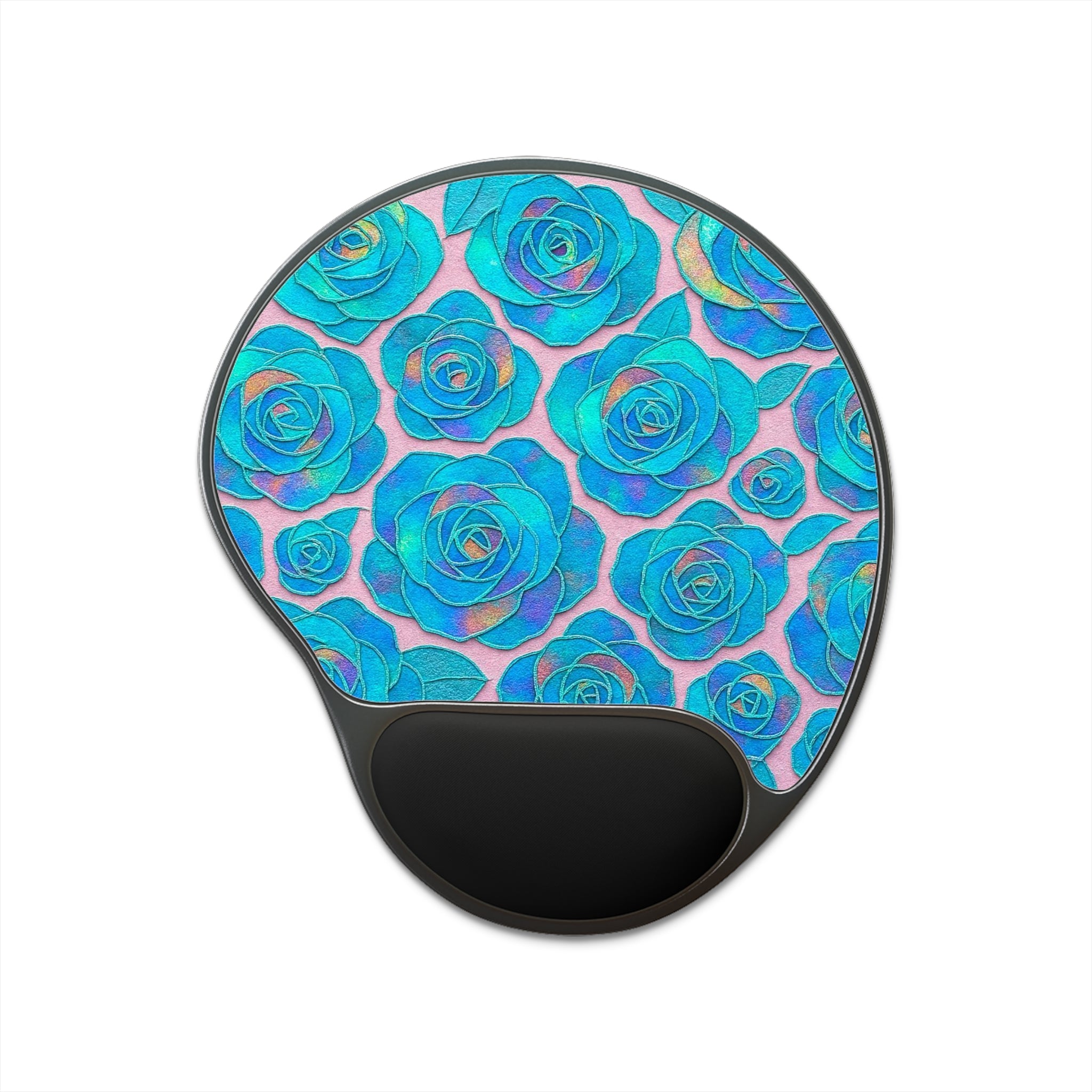Blue Teal Rose Mouse Pad with Ergonomic Wrist Rest — Floral Ergonomic Desk Pad