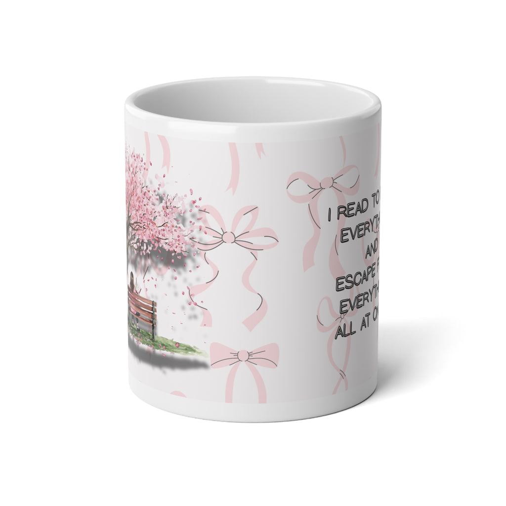 20oz Jumbo Mug - "I Read to Escape" Pink Ribbon Floral Book Lover Coffee Cup