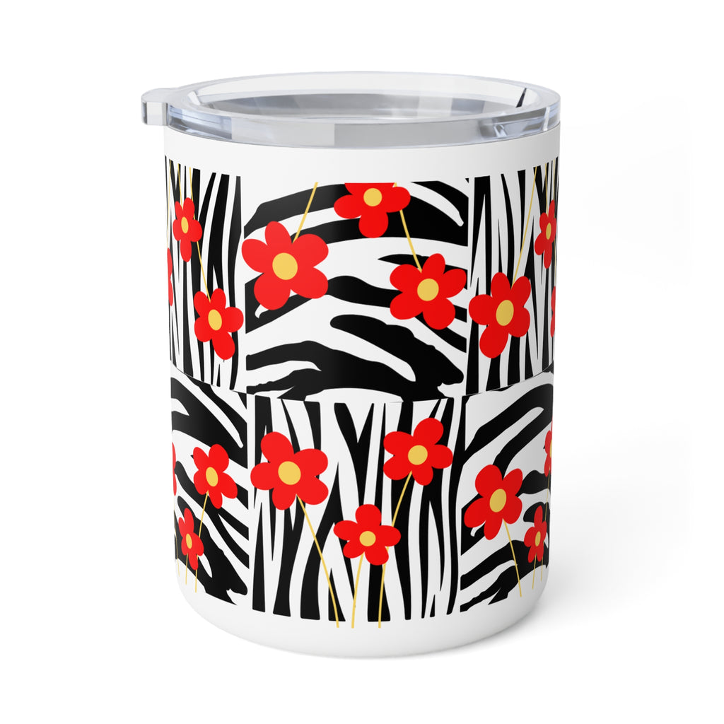 10oz Insulated Coffee Mug — Red Floral on Zebra Stripe Pattern