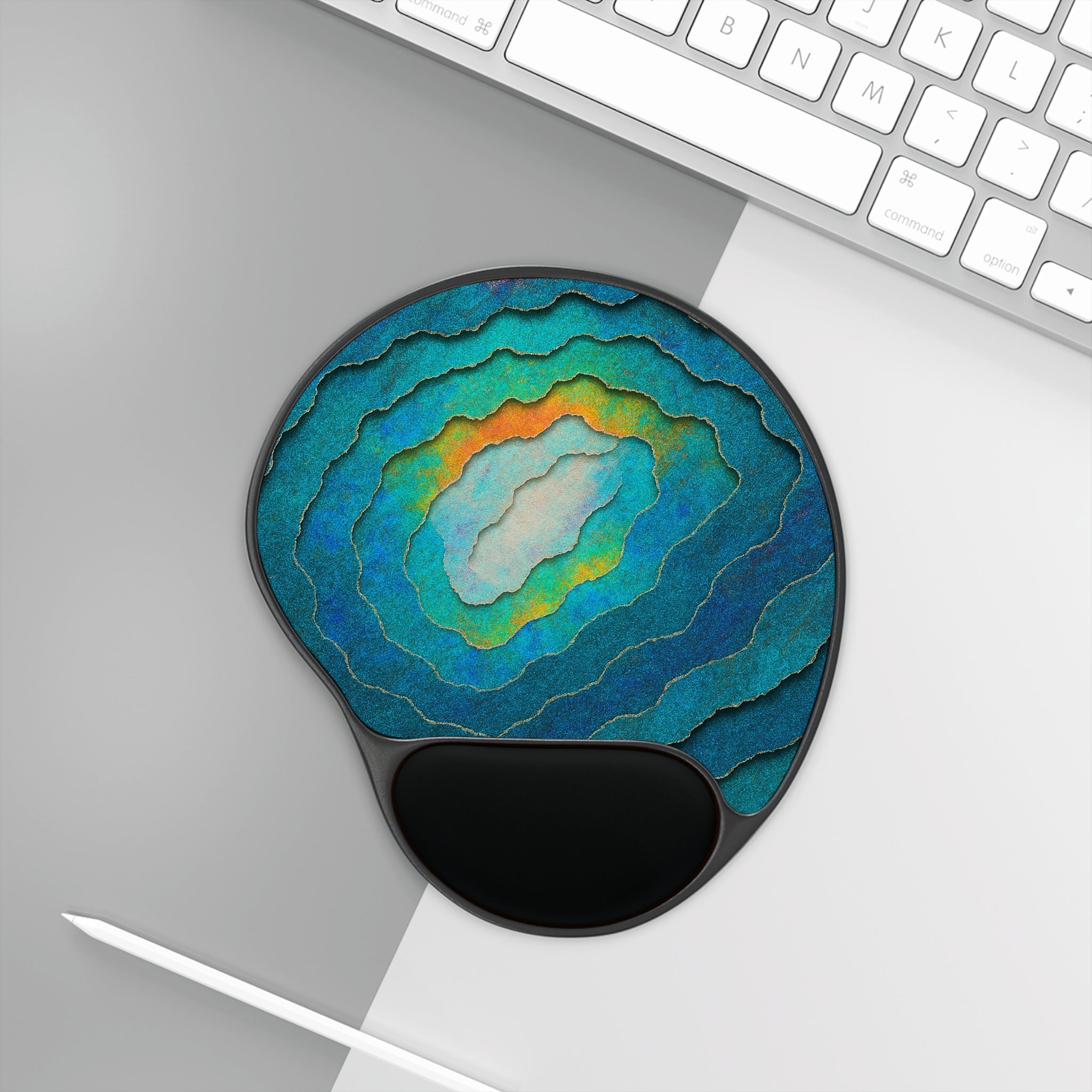Geode Layers Mouse Pad with Ergonomic Wrist Rest — Blue Teal Desk Accessory
