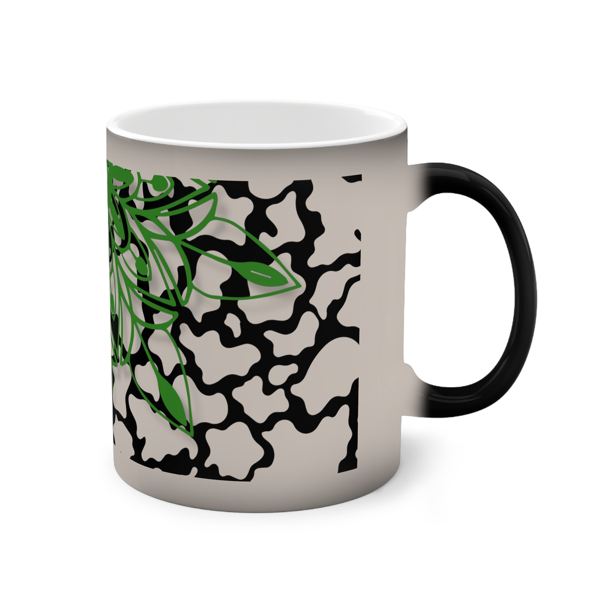 Color-Changing Ceramic Mug — Green Floral Mandala Heat Reveal, 11oz