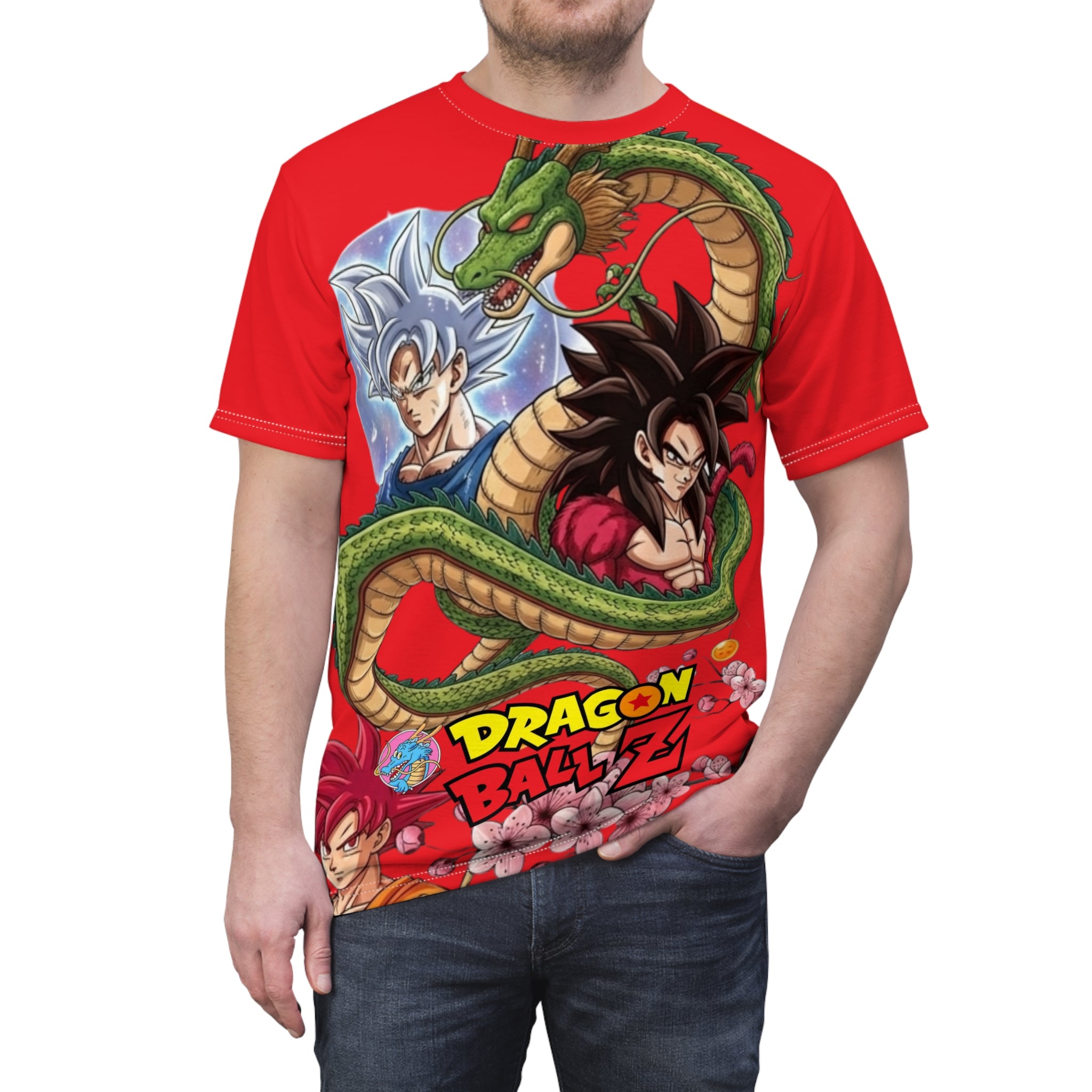 Dragon Ball Z Red Crewneck Tee – Goku, Shenron & Sakura All-Over Print