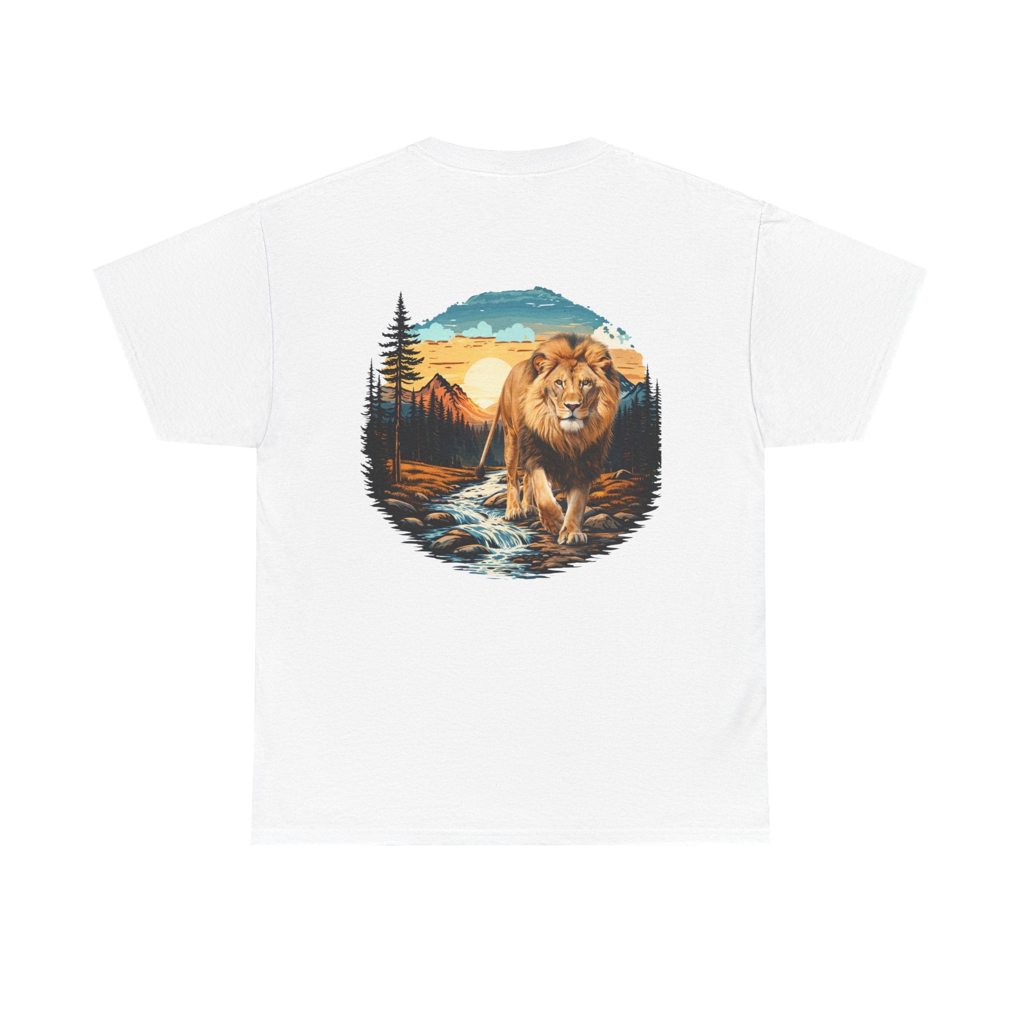 Lion in Wilderness Graphic Tee — Vintage Mountain Sunset T-Shirt