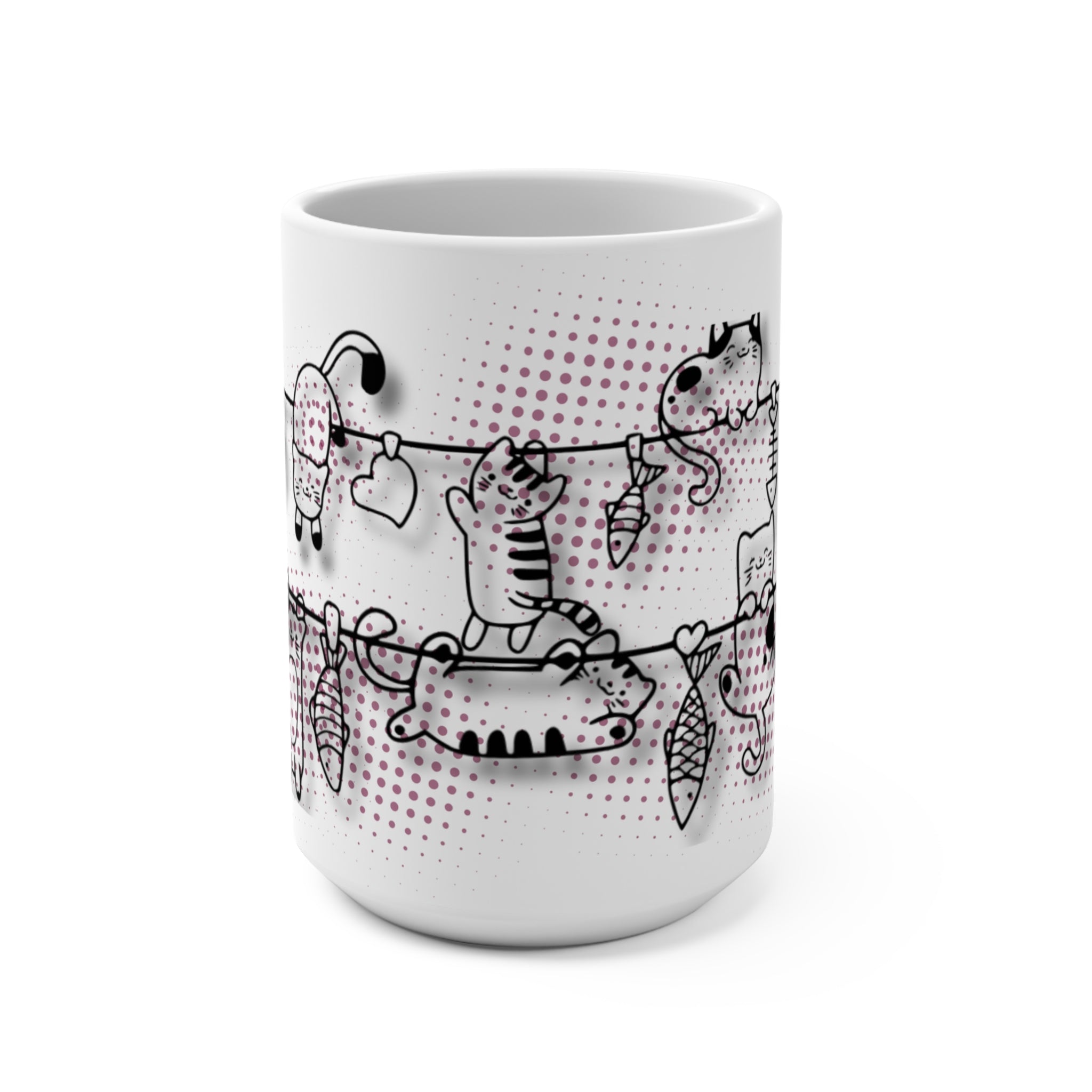 Cute Cats Clothesline 15oz Ceramic Mug — Whimsical Kitty Illustration