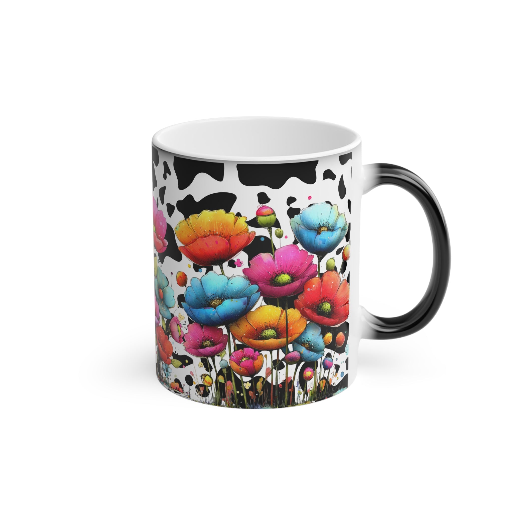 Colorful Floral Magic Mug — Cow Print Background