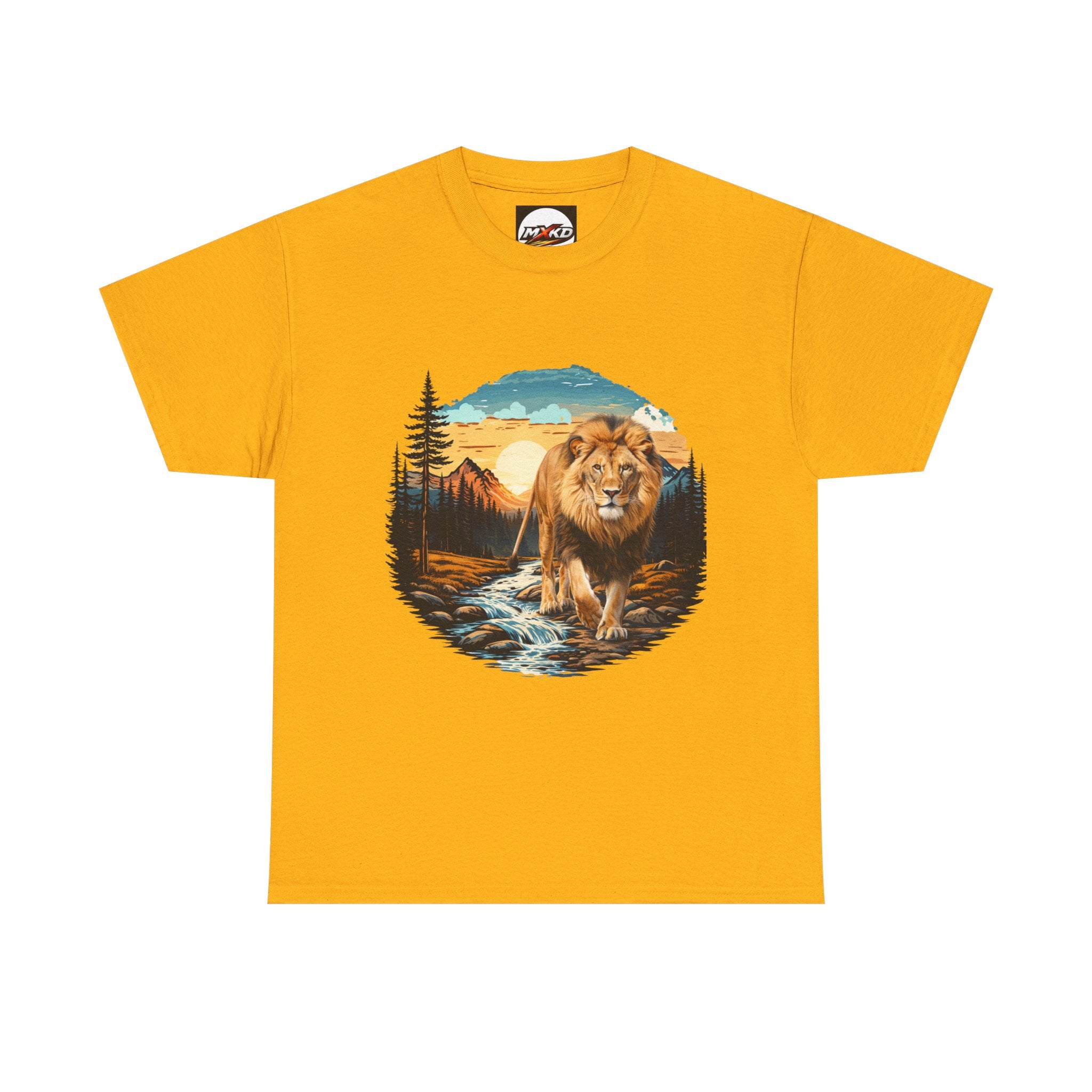 Lion in Wilderness Graphic Tee — Vintage Mountain Sunset T-Shirt