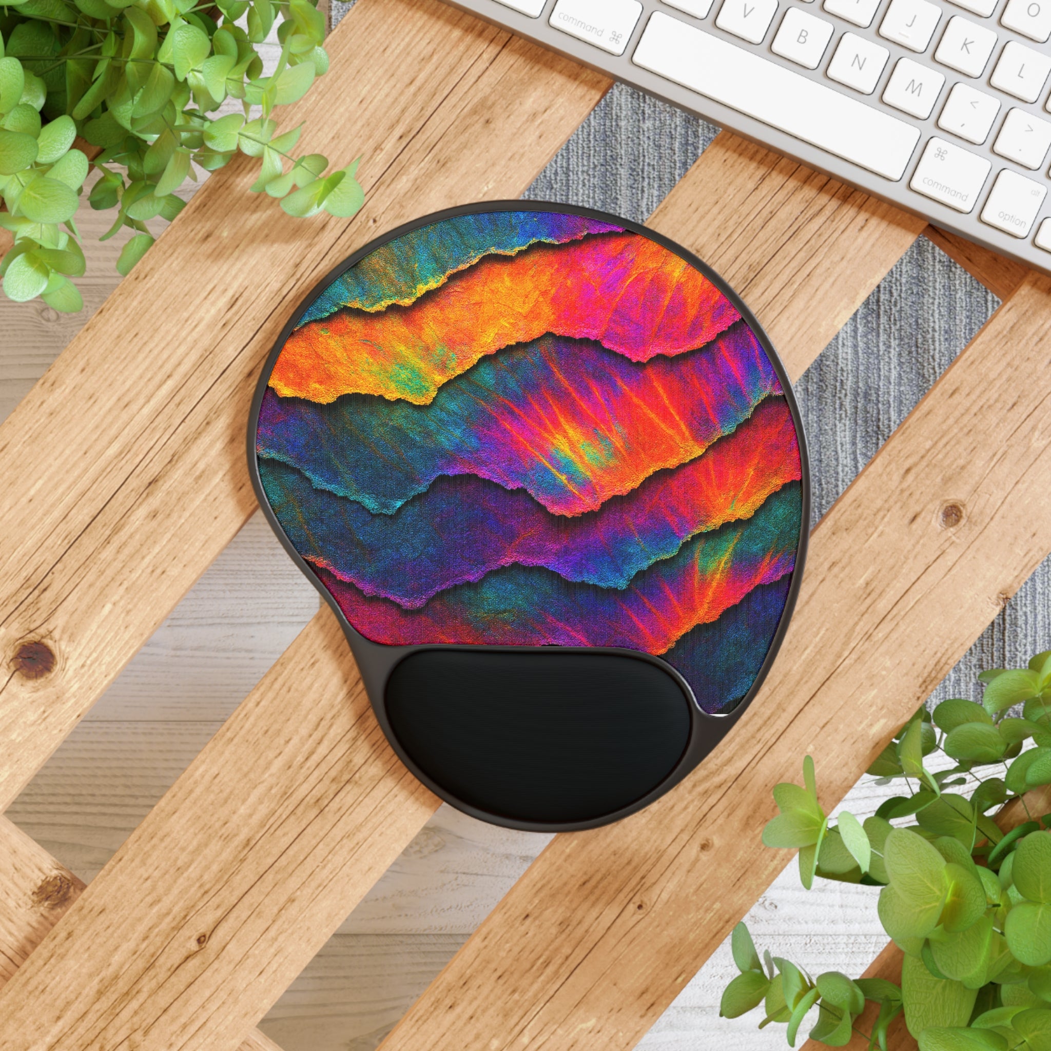 Abstract Rainbow Waves Mouse Pad with Wrist Rest — Ergonomic Gaming & Office Accessory