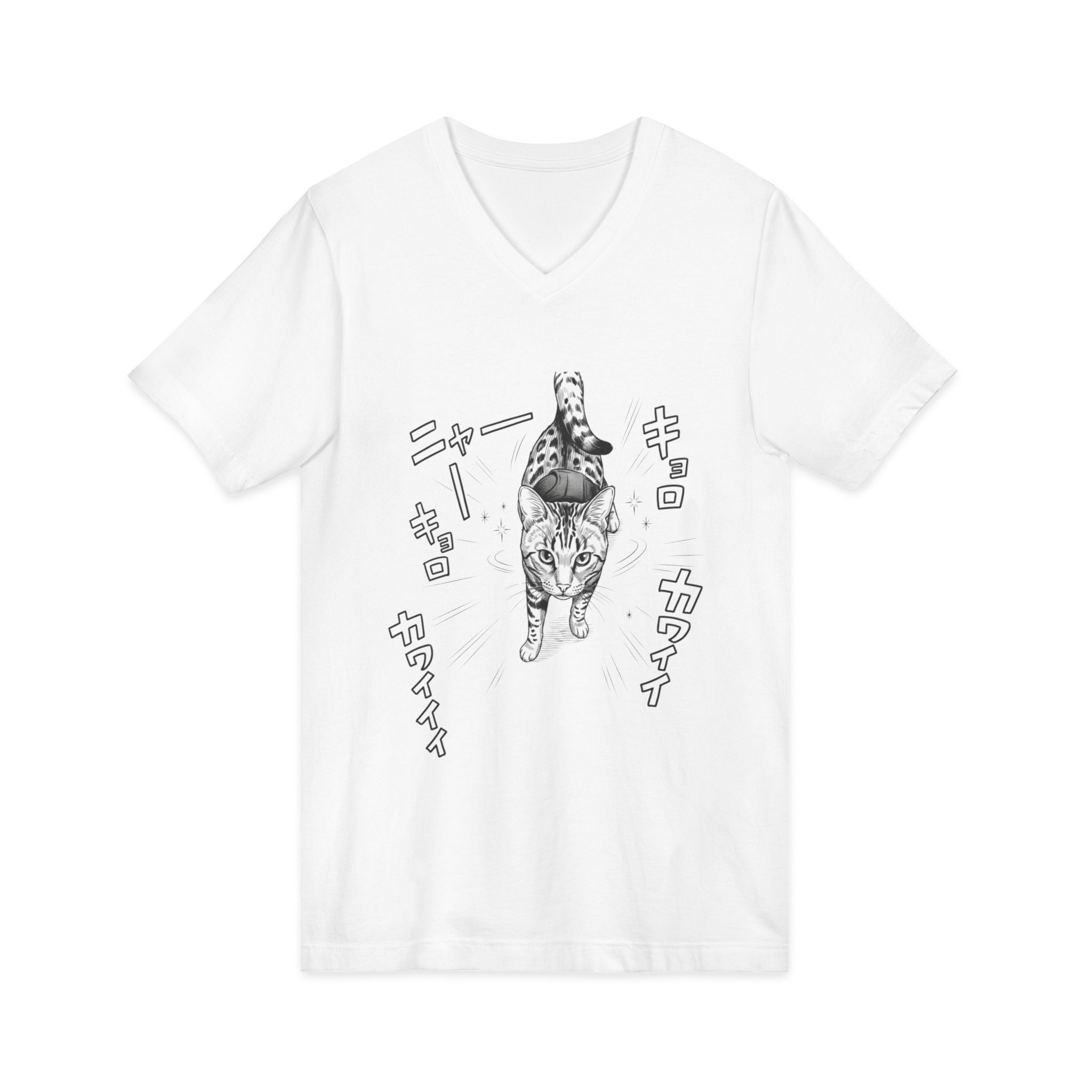 Cute Manga Cat V-Neck Tee — "Kawaii" Japanese Cat Illustration