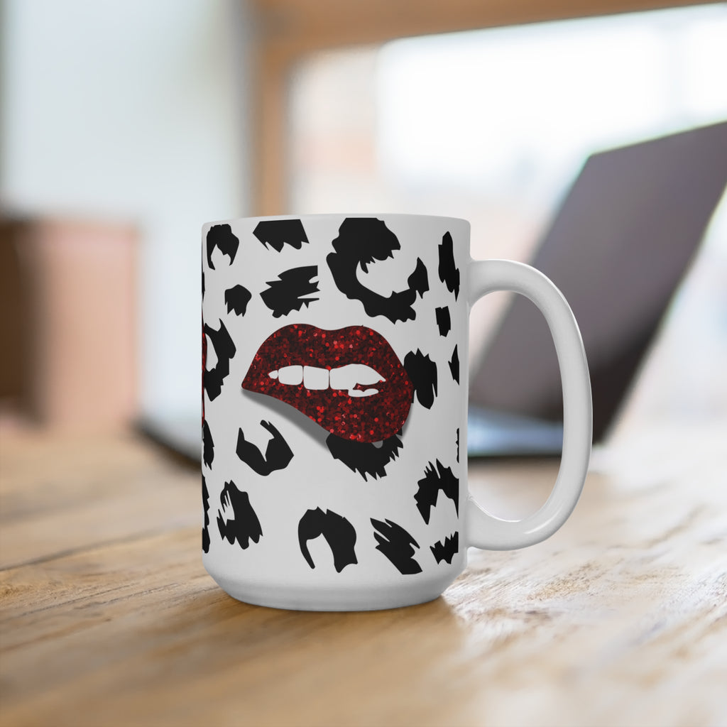 15oz Leopard Kiss Mug — Red Glitter Lips Coffee Cup