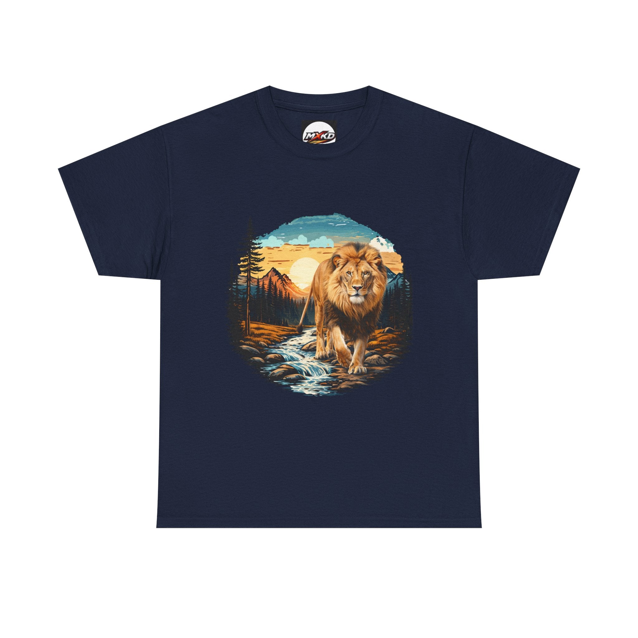 Lion in Wilderness Graphic Tee — Vintage Mountain Sunset T-Shirt