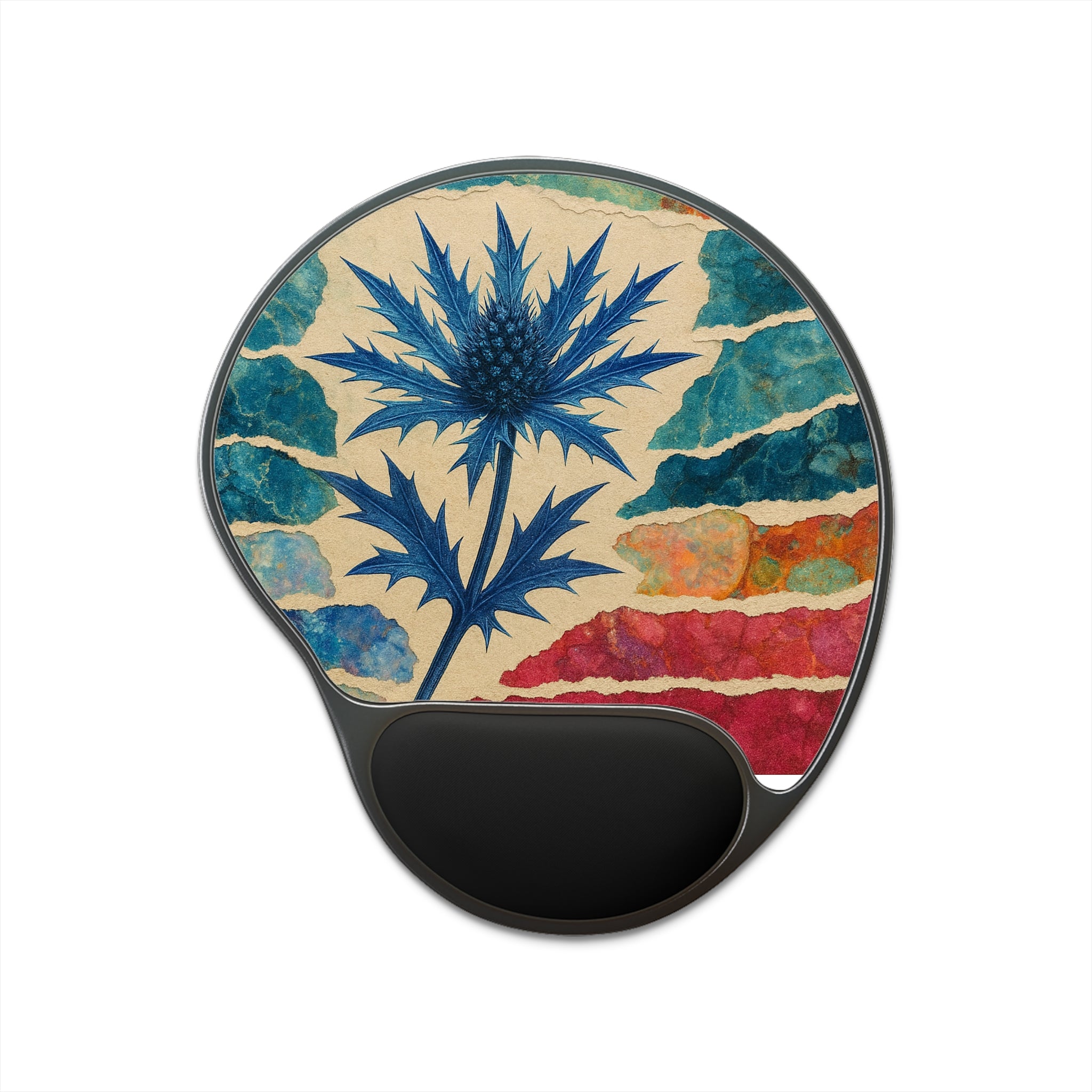 Blue Thistle Ergonomic Mouse Pad with Wrist Rest — Floral Desk Accessory