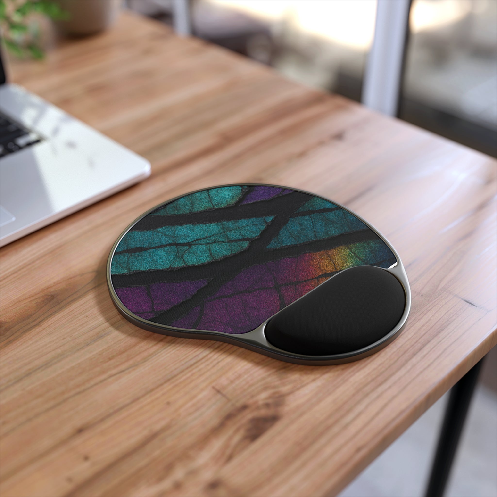 Ergonomic Gel Mouse Pad — Teal & Purple Stained-Glass Design