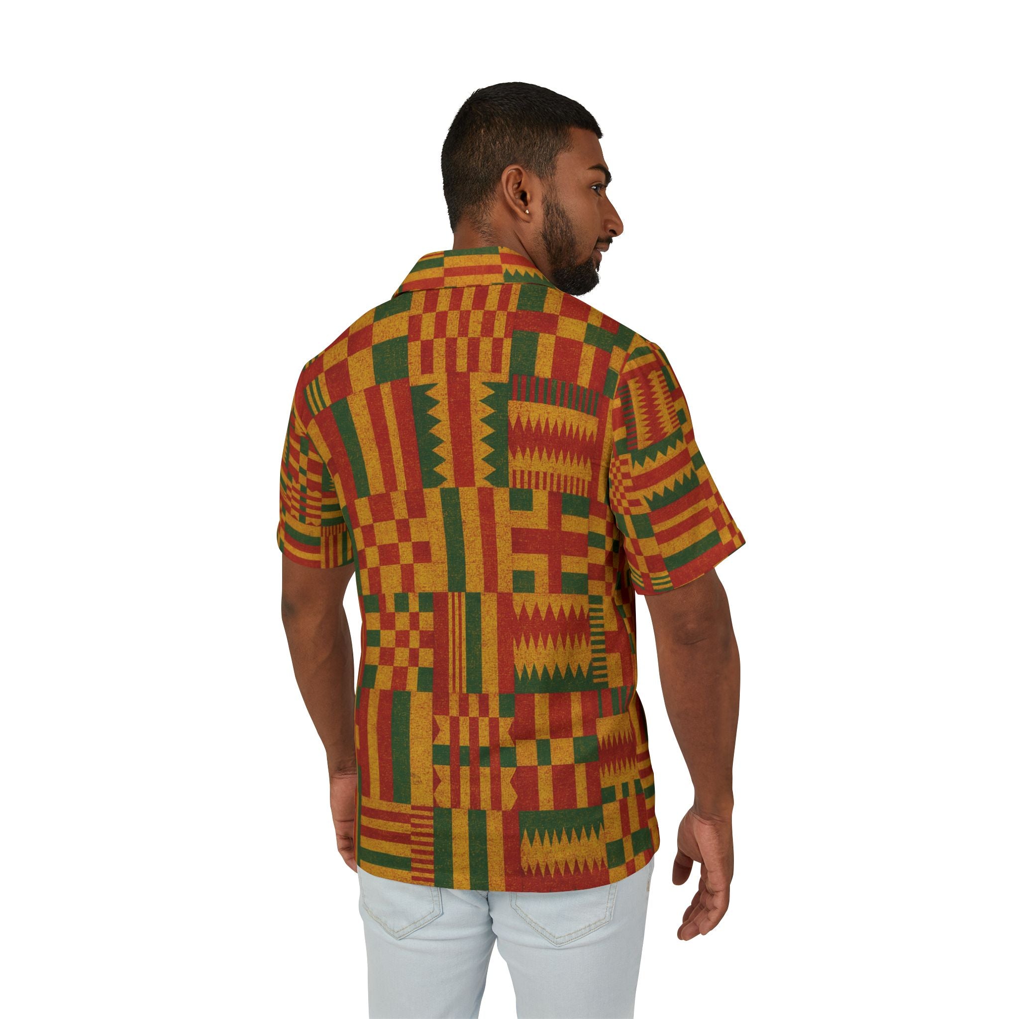 Kente Print Hawaiian Camp Shirt — African-Inspired Summer Button-Up for Men