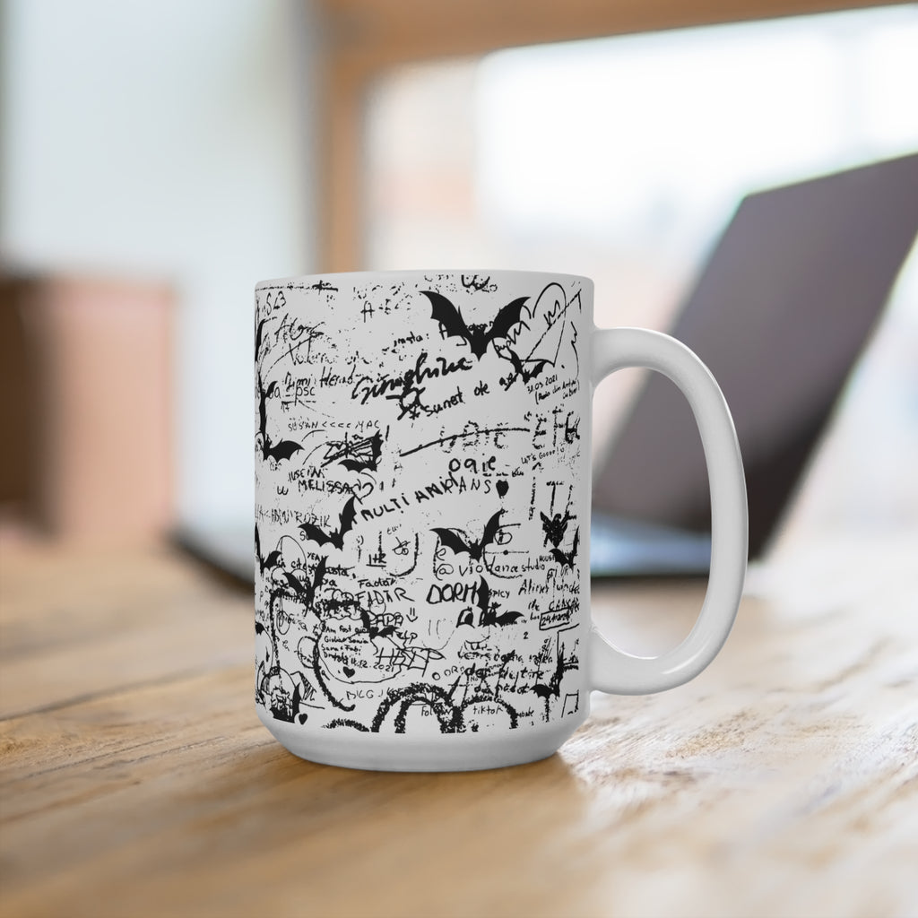15oz Sketch Doodle Mug — Black Bat & Handwritten Notes Pattern