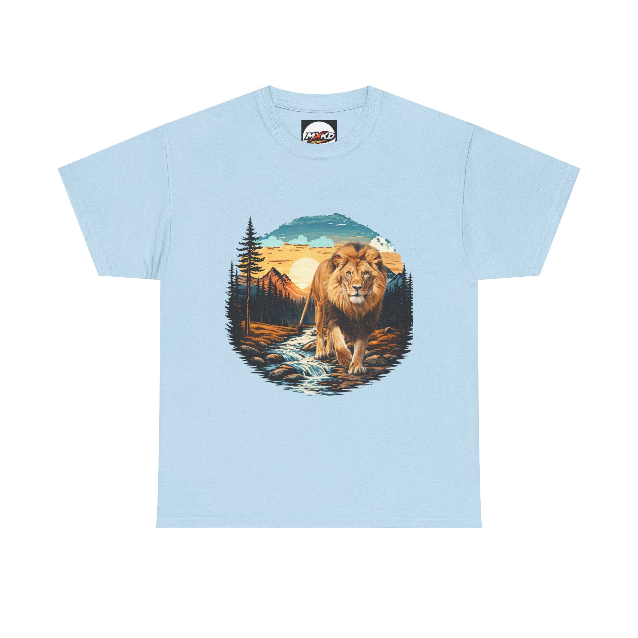 Lion in Wilderness Graphic Tee — Vintage Mountain Sunset T-Shirt