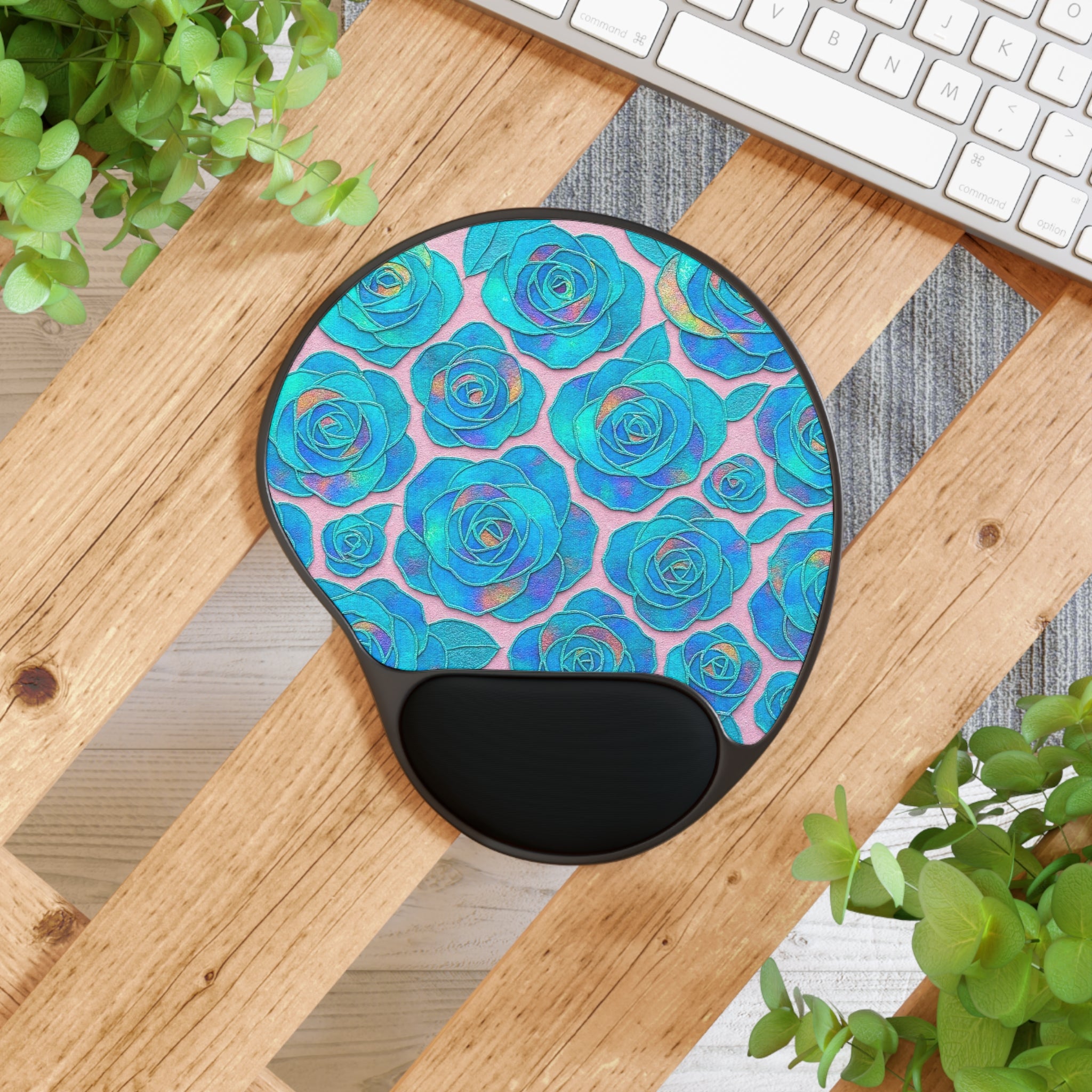 Blue Teal Rose Mouse Pad with Ergonomic Wrist Rest — Floral Ergonomic Desk Pad