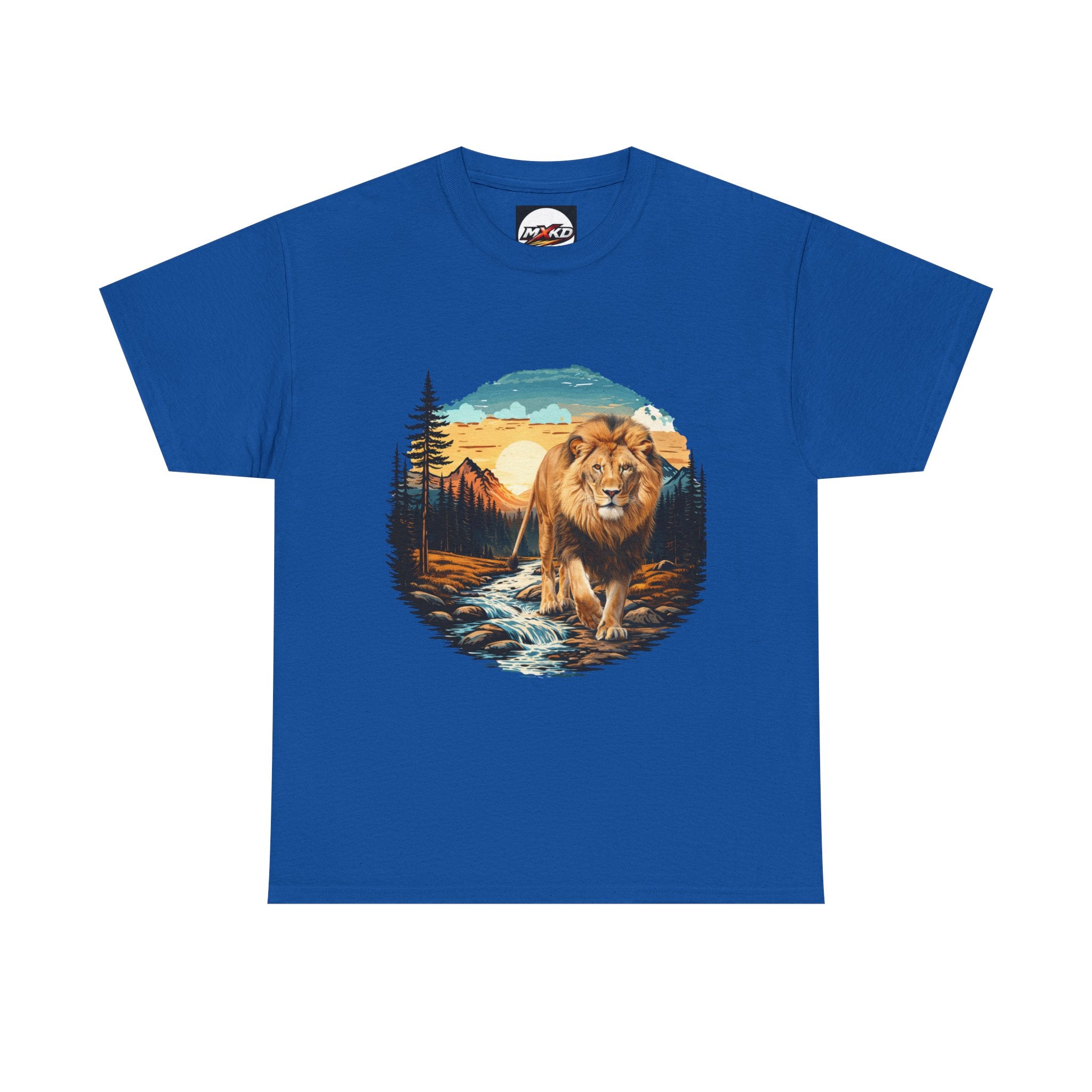 Lion in Wilderness Graphic Tee — Vintage Mountain Sunset T-Shirt
