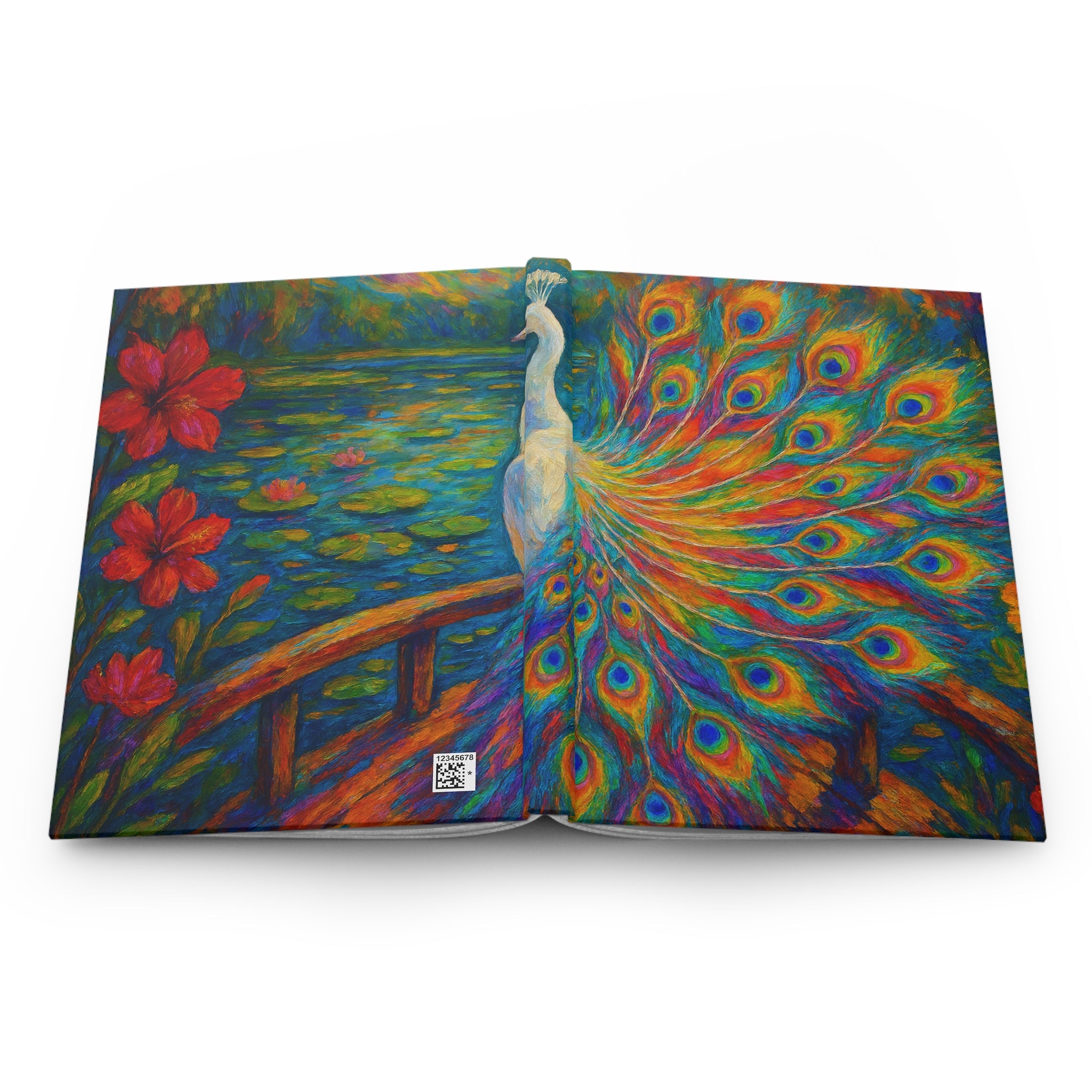 Peacock Pond Hardcover Journal — Colorful Peacock & Lily Pad Art Notebook
