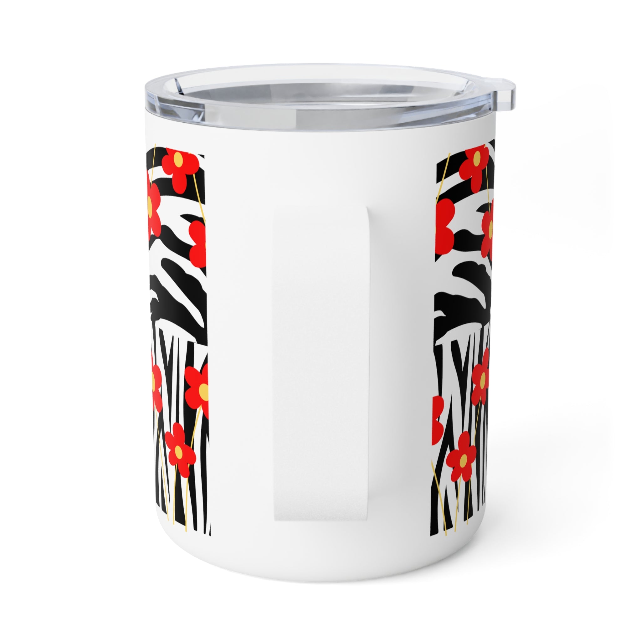 10oz Insulated Coffee Mug — Red Floral on Zebra Stripe Pattern