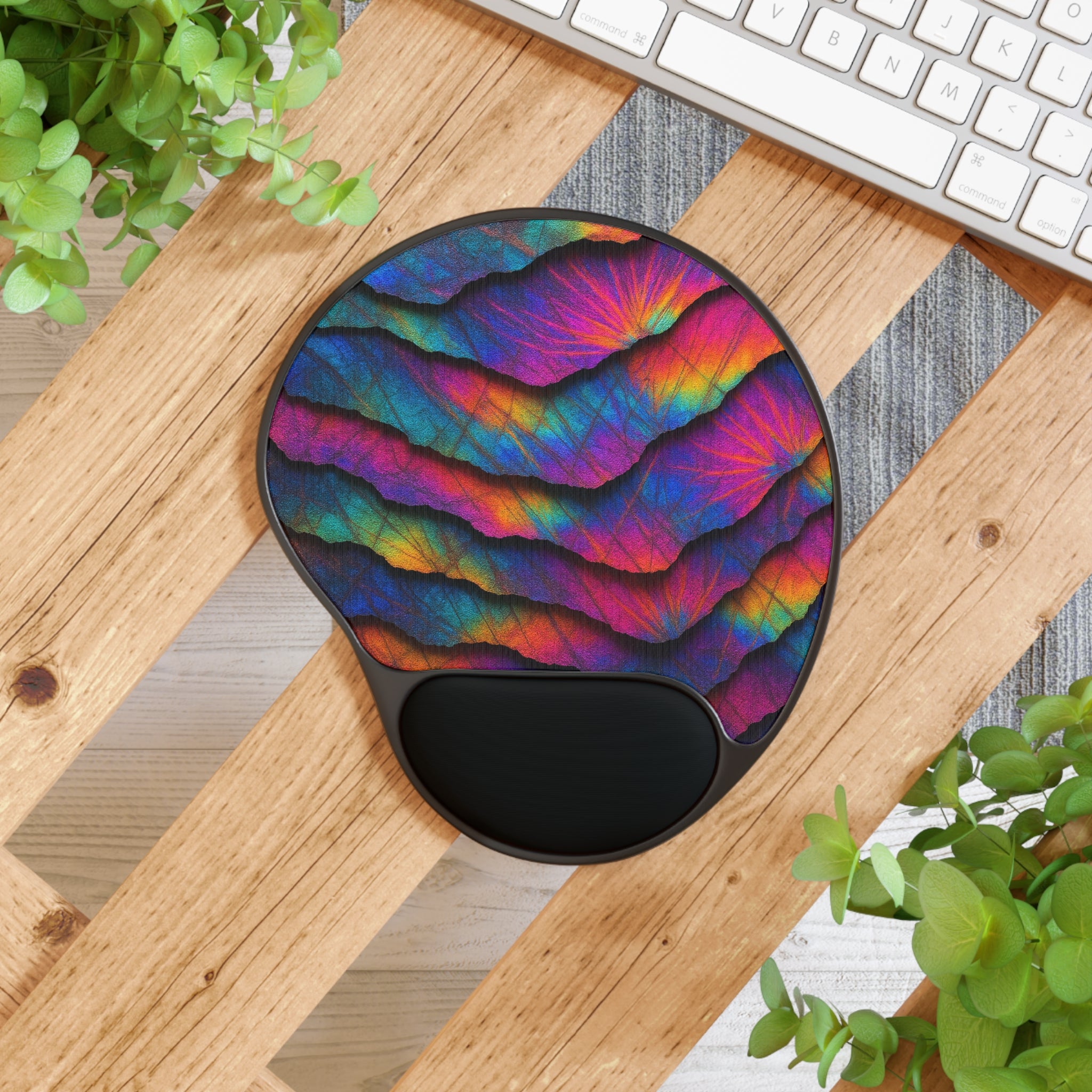 Ergonomic Mouse Pad with Wrist Rest — Vibrant Rainbow Leaf Pattern