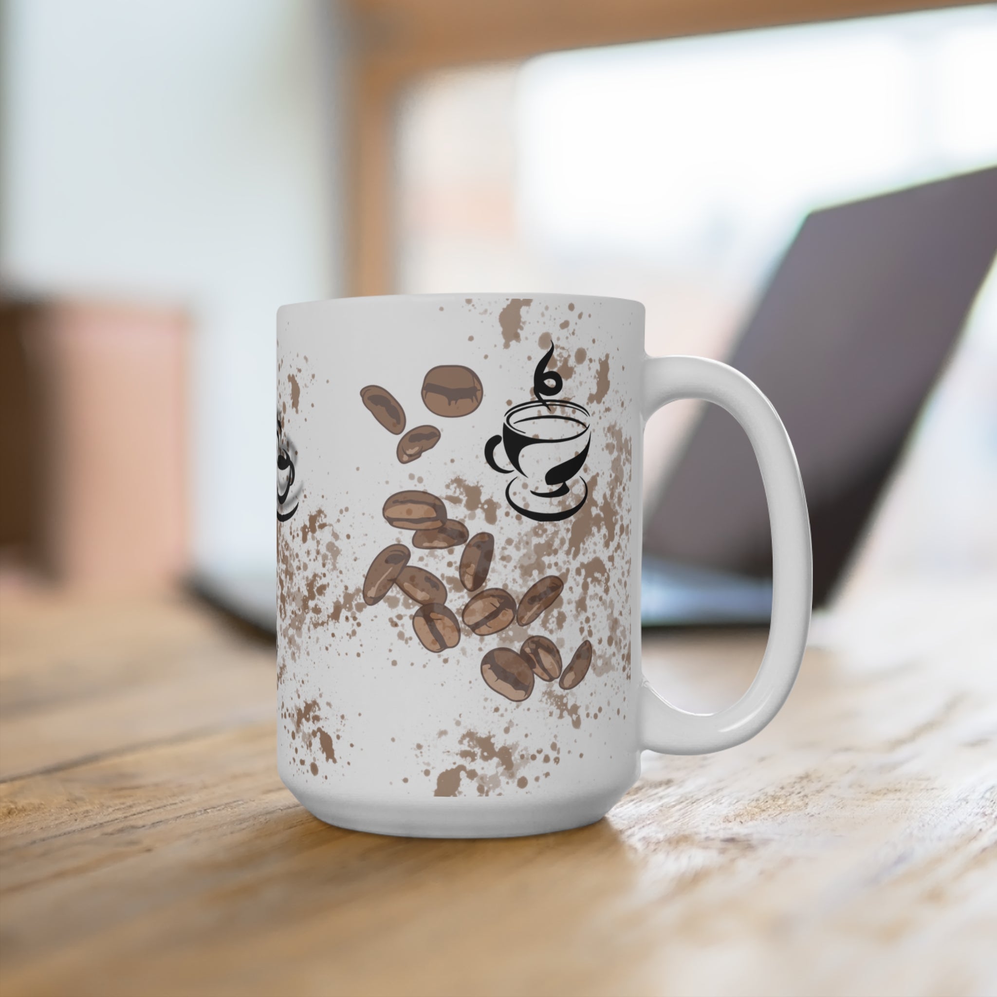 Coffee Beans and Cup Mug  Cafe Coffee 15oz Ceramic